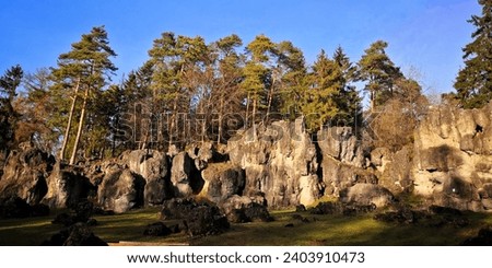Keltic rock formation with pine trees on top against blue sky 