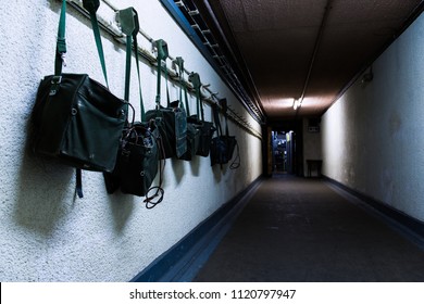 Kelvedon Hatch Secret Nuclear Bunker Entrance Tunnel. Old Fashioned Bags And Radios On The Wall