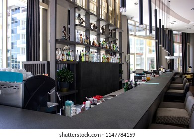 KEMER, ANTALYA, TURKEY - 19 JULY, 2018: Lobby Bar Of The Hotel. Long Bar Counter And Bottles With Alcohol On Shelves