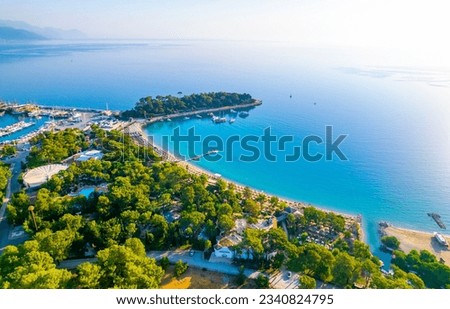 Kemer, Antalya, Turkey. Aerial view of Moonlight Beach in Kemer. Beautiful turquoise colors in Antalya.