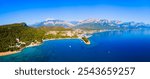 Kemer city beach aerial panoramic view. Kemer is a seaside resort town in Antalya Province in Turkey.