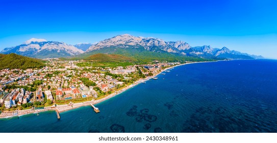 Kemer city beach aerial panoramic view. Kemer is a seaside resort town in Antalya Province in Turkey. - Powered by Shutterstock