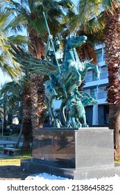 Kemer, Turkey - February 4, 2022: Equestrian Statue Of Bellerophon, The Corinthian Hero Of Greek Mythology, On Winged Horse Pegasus, Killing The Fantastical Chimera Monster