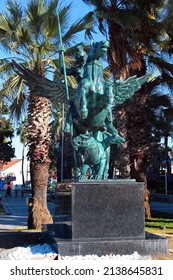 Kemer, Turkey - February 4, 2022: Equestrian Statue Of Bellerophon, The Corinthian Hero Of Greek Mythology, On Winged Horse Pegasus, Killing The Fantastical Chimera Monster