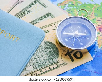 Kemerovo, Russia, 25/11/2018, Top View of a map and items,Planning a trip or adventure. Australian Dollar banknotes.Money for traveling, cash, map, passport.Saving money concept,investment .new future