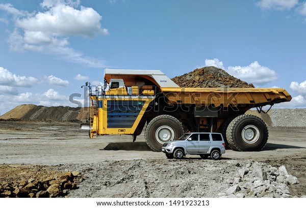 Kemerovo, Russia -\
August, 2019. The World Largest and Heaviest BelAZ Ever. Big Dump\
Truck At The Coal Mining\
Area