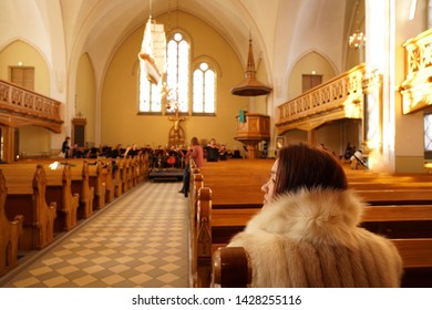 KEMI, FINLAND, February 20, 2019. Visiting Finnish Evangelical Lutheran Church Located In Centre Of The Town Of Kemi In Northern Finland. Inside The Hall. The Worship Band Is Preparing For Rehearsal.