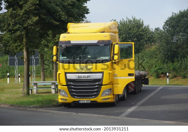 Kempem,Germany-July 25,2021: DAF XF Euro 6 parked\
beside Express way,s a range of semi trucks produced since 1997 by\
the Dutch manufacturer DAF Trucks\
NV.