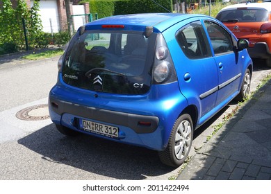 Kempen,Germany-July 17,2021: Blue Citroën C1 Second Generation  Parked In Kempen, Is A City Car Produced By The French Manufacturer Citroën Since 2014-present