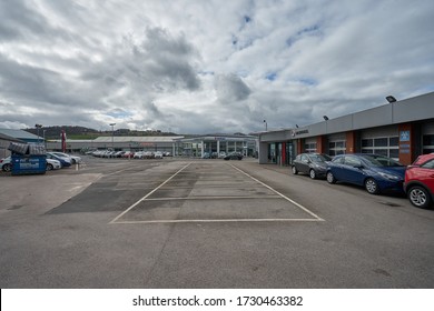 Kendal, Cumbria, UK - April 1 2020:An Almost Empty Car Sales Dealership Lot Due To The Effects Of The Coronavirus, Covid 19 Pandemic Which Forced Dealerships To Close                              