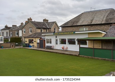 Kendal, Cumbria, UK - March 20 2020: The clubhouse and green of Kendal Victoria crown green bowling club                               