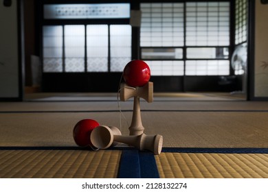 Kendama, A Traditional Japanese Game Displayed On A Tatami Floor In A Traditional Japanese Home