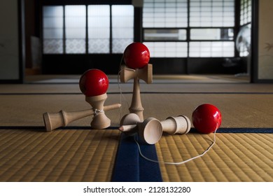 Kendama, A Traditional Japanese Game Displayed On A Tatami Floor In A Traditional Japanese Home