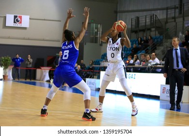 Kendra Chery Of Lyon And Ariel Atkins Of Gorzow During FIBA EuroCup Women 2019 Basketball Match Between Lyon ASVEL Feminin And Investinthewest Enea Gorzow 1/24/2019 Gymnase Mado Bonnet Lyon France