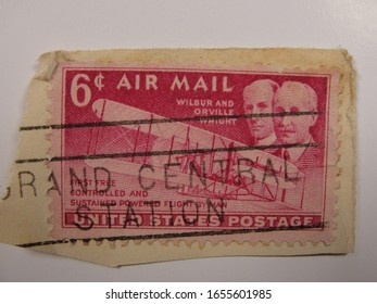 Kennebunk, ME / USA -  02 25 2020: Six Cent Air Mail United States Postage Stamp With Wilbur And Orville Write.