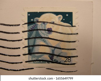 Kennebunk, ME / USA - 02 25 2020: 28 Cent Postage Stamp With Polar Bear.