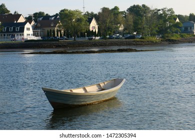 Kennebunkport, ME - July 19 2019: A Boat Rests In The Kennebunk River Tranquilly