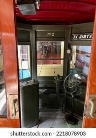 Kennebunkport, ME, USA, 9.3.22 - The Inside Of The Control Room Of An Old Train Car Where The Conductor Would Drive The Railcar.