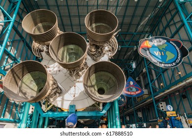 KENNEDY SPACE CENTER, FLO, USA - FEBRUARY 18, 201. :Engines Of The Apollo Rocket In Detail At Apollo Space Center In The Kennedy Space Center Center, This Is The Rocket Used To Go To The Moon In 1969.