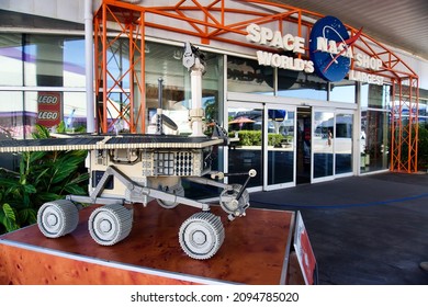 Kennedy Space Center, Florida, USA -2021: LEGO Model Of The Mars Curiosity Rover. NASA's Mars Science Laboratory Mission. Entrance To World's Largest NASA's Space Shop.