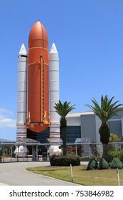 Kennedy Space Center Visitor Complex, Florida, United States, May 2017. The Two Solid Rocket Booster Of The Space Shuttle Atlantis At The Entrance Of The Exhibit.