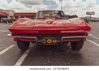 Kennesaw, Georgia  USA - July 3, 2022: Front Of A Classic Red 1963 Corvette, Which Belongs To A Retired U.S. Navy Officer. Taken At The 