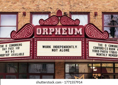 Kenosha, Wisconsin / Kenosha - June 13 2020: Front view of the Orpheum sign in Downtown Kenosha