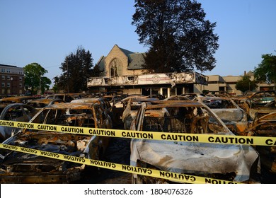 Kenosha, Wisconsin, USA - August 25 2020 - Burned Out Cars In The Lot Of Business Torched During The Riots The Night Of Aug. 24 