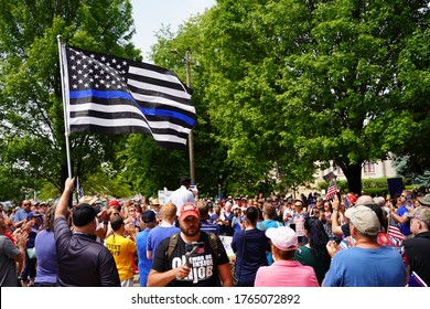 Kenosha, Wisconsin / USA - June 27th, 2020: Thin Blue Line Blue Lives Matter American Flag Waves In The Wind At Back The Badge Blue Lives Matter Rally To Show Support To Law Enforcement In Wisconsin. 