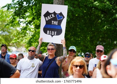 Kenosha, Wisconsin / USA - June 27th, 2020: Many Wisconsinites come out to back the badge rally for blue lives matter law enforcement support rally and rallied together at civic center park.  