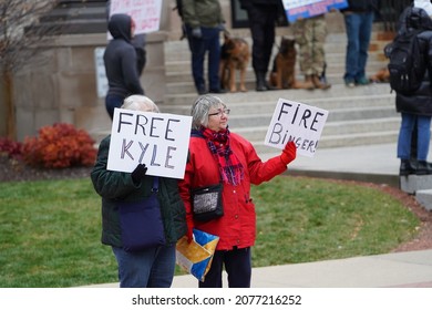 Kenosha, Wisconsin USA - November 18th, 2021: Protesters and supporters of Kyle Rittenhouse gather outside at Kenosha county courthouse during the jury deliberations of the case.