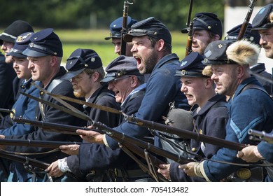 KENT, UK - AUGUST 28TH 2017: Actors posing as Union soldiers from the American Civil War, at the Military Odyssey Re-enactment event in Detling, Kent, on 28th August 2017.