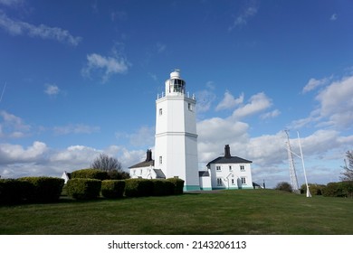 KENT, UK-14.02.2022: View of North Foreland Lighthouse is one of the best known lighthouses in England, and is situated at Kingsgate on the Isle of Thanet in Kent.