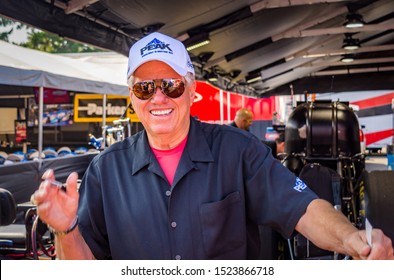 Kent, WA / USA - 8/3/2019: John Force Of John Force Racing, Funny Car Driver  In His Pit Before His Race At Pacific Northwest Raceway In Kent, WA