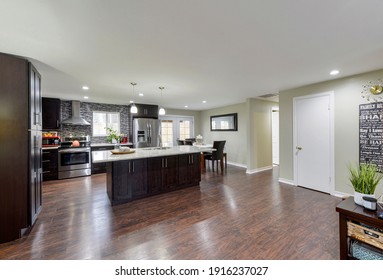 Kent, WA, USA - Feb. 11, 2021: Modern Residential Living Room And Kitchen Interior