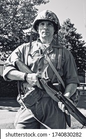 KENT,MILITARY ODYESSY REENACTMENT,ENGLAND-25TH AUGUST 2007.WW2 US Marine Reenactor Poses For Portrait.