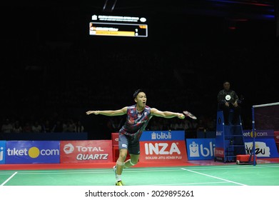 Kento Momota From Japan In Action During The Blibli Indonesia Open 2018 At Istora Senayan, Jakarta, Indonesia. July 08 2018.