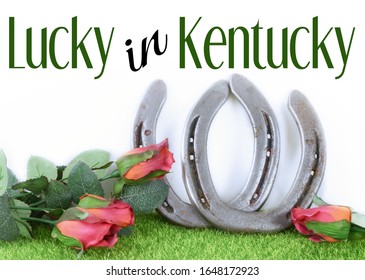 Kentucky Derby Image Of A Pair Of Horseshoes And Red Roses On Green Grass With White Background. Text Added.