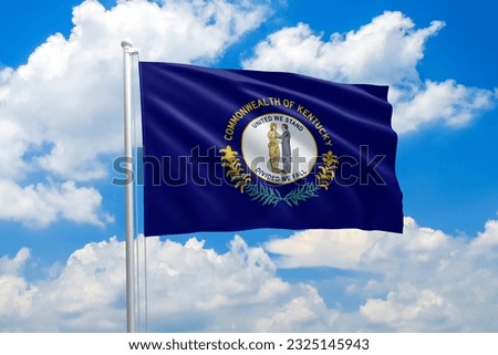 Kentucky flag waving in the wind on clouds sky. High quality fabric. International relations concept