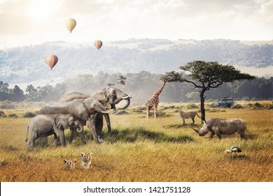 Kenya Africa Safari Dream Trip Scene With Wildlife Animals Together In A Grassland Field With Hot Air Balloons And Game Drive Tourist Vehicle.