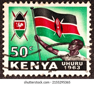 Kenya - Circa 1963: Boy With Kenyan Flag On Postage Stamp.