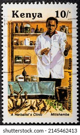 Kenya - Circa 1987: Kenyan Postage Stamp Depicting Herbal Clinic. Series Medicinal Herbs.