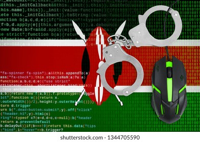Kenya flag  and handcuffed computer mouse. Combating computer crime, hackers and piracy