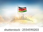 Kenya flag wavering on blobe with modern building skyline. Flag waving on world map. Kenya national flag for independence day.