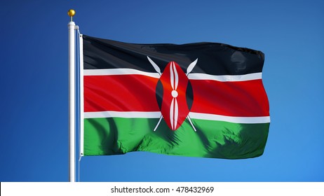 Kenya Flag Waving Against Clean Blue Sky, Close Up, Isolated With Clipping Path Mask Alpha Channel Transparency