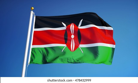 Kenya Flag Waving Against Clean Blue Sky, Close Up, Isolated With Clipping Path Mask Alpha Channel Transparency