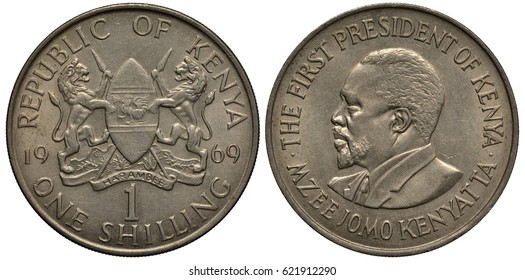 Kenya Kenyan 1 One Shilling 1969, Arms, Two Lions Holding Lances And African Shield, Bust Of First President Of Kenya Jomo Kenyatta,  