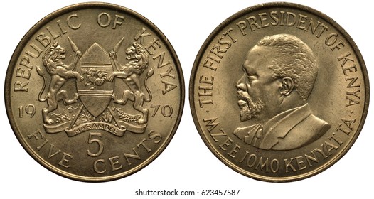 Kenya Kenyan Coin 5 Five Cents 1970, Arms, Two Lions Holding Lances And African Shield, Bust Of First President Of Kenya Jomo Kenyatta, 