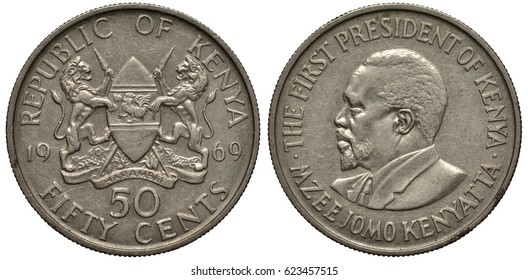 Kenya Kenyan Coin 50 Fifty Cents 1969, Arms, Two Lions Holding Lances And African Shield, Bust Of First President Of Kenya Jomo Kenyatta, 