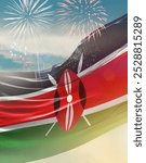 Kenya national flag waving with festive background. The flag waving with fireworks in vertical layout. Kenya national flag for independence day.